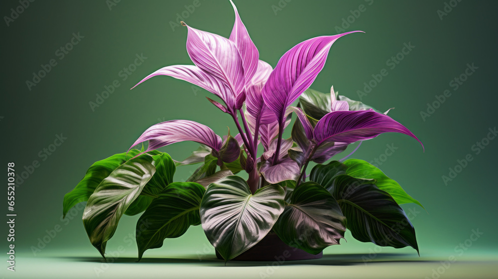 A lush green tropical plant with long, waxy leaves and a single purple bloom