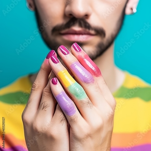 Young man with multicolored nails