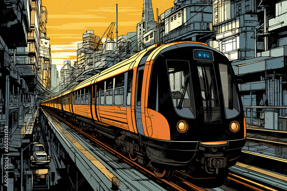 Train on the background of the city,  illustration of a high-speed train