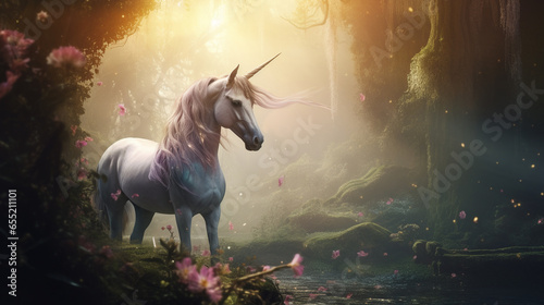 a beautiful mythical white unicorn in a slumbering magical forest © MYKHAILO KUSHEI