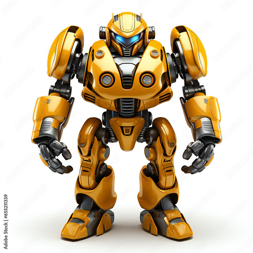 A yellow robot isolated on white background with shadow