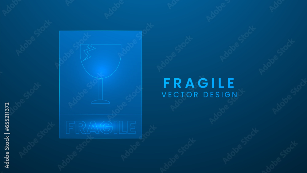 Fragile warning label. Care logistics and delivery labels concept. Vector illustration with light effect and neon - obrazy, fototapety, plakaty 