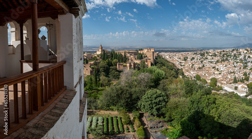 view of the Alhambra, orchards and the Albaicin neighborhood from the Generalife