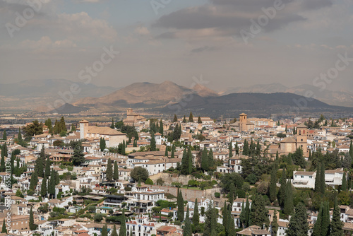 Views of the houses and churches of the Albaicin neighborhood of Granada from the Generalife
