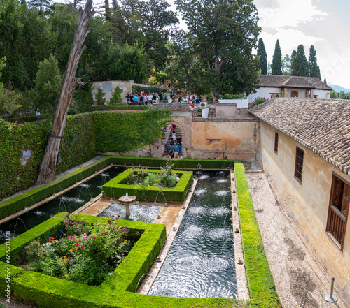 Patio de la Sultana of the Almunia Palace in the Generalife with gardens, fountains and dry cypress