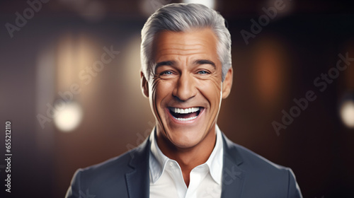 Handsome businessman 50s mid age elderly senior model man with grey hair laughing and smiling. Mature old man close up portrait. Healthy face skin care beauty, skincare cosmetics, dental.
