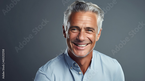 Handsome businessman 50s mid age elderly senior model man with grey hair laughing and smiling. Mature old man close up portrait. Healthy face skin care beauty, skincare cosmetics, dental.