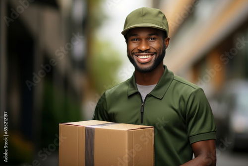 African American delivery man with parcel box on street background. delivery service, logistics, shipping © zamuruev