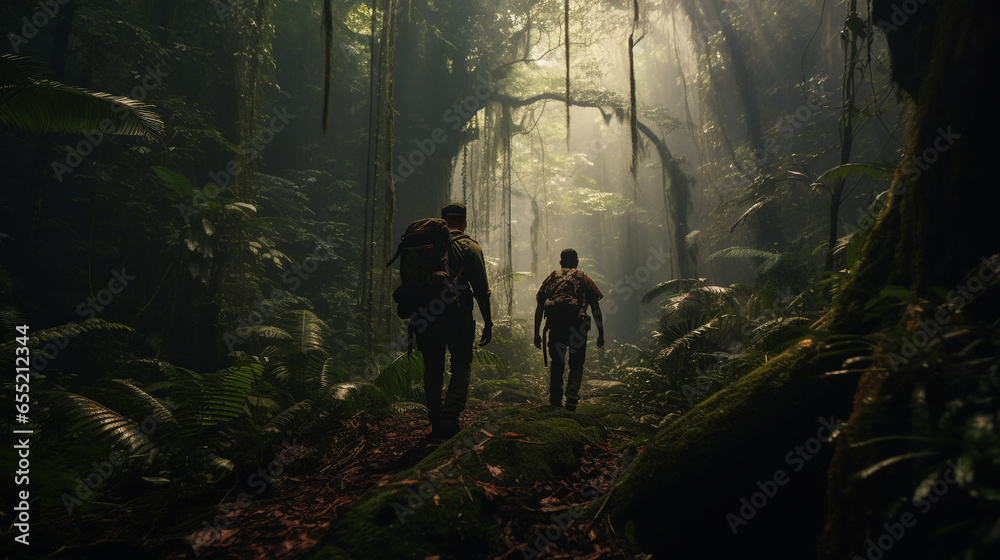 Obraz premium a group of people with backpacks is driving through the wild thick jungle