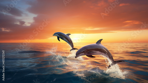 two dolphins beautifully jump out of the water together in the sea at sunset © MYKHAILO KUSHEI