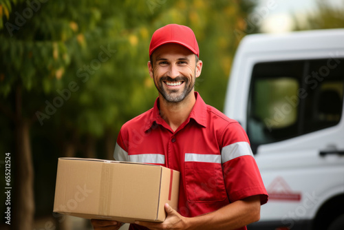 delivery man with parcel box over truck on street background. delivery service, logistics, shipping © zamuruev