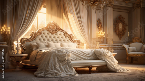 A luxurious bedchamber, with a canopy of gauzy curtains and lush pillows