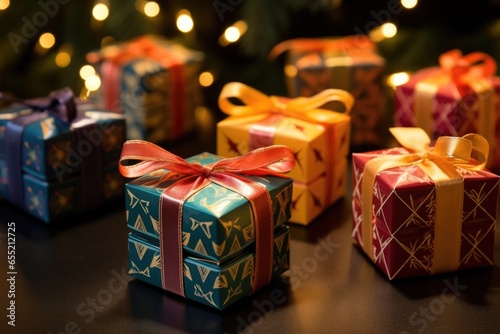 medium-shot of teeny gift boxes with geometrical festive patterns