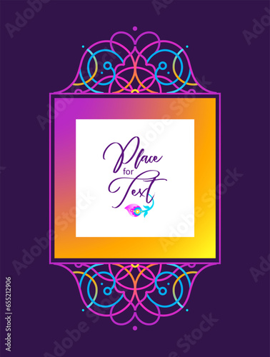Vector vivid illustration, place for text. Neon border. Acid color frame; floral ornament for frame design. Oriental style element. Arabic morocco motifs, fluorescence decor. Geometric decoration.