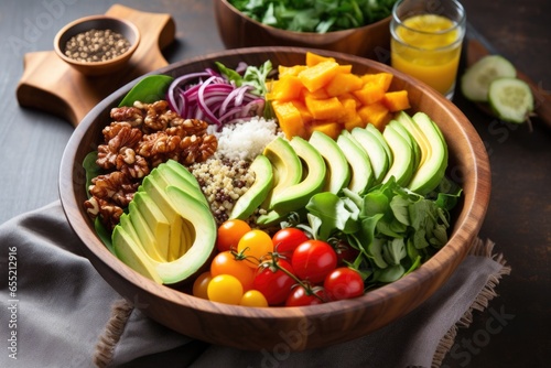full bowl of salad with quinoa and avocado