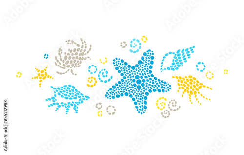 Vector white tropical sea elements, crab and seashells. Marine life. Sea decor for prints, invitations, greeting cards, decoration for background, web pages design. Maritime illustration.