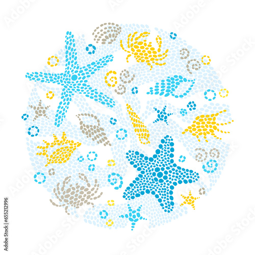 Vector white tropical sea elements, crab and seashells. Marine life. Sea decor for prints, invitations, greeting cards, decoration for background, web pages design. Maritime illustration.