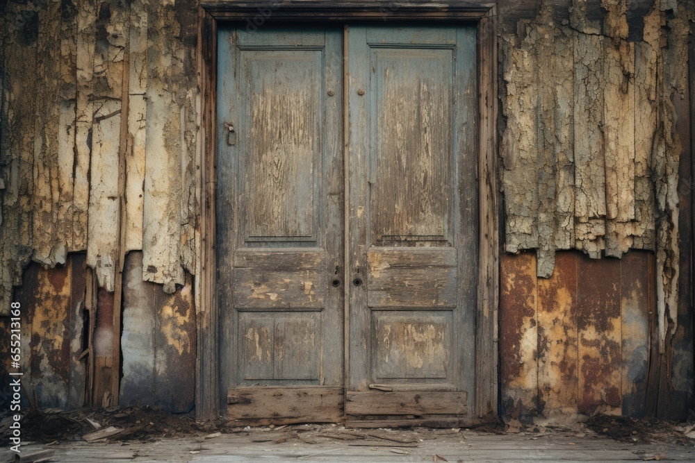 close up of the weathered wood of a haunted mansions door