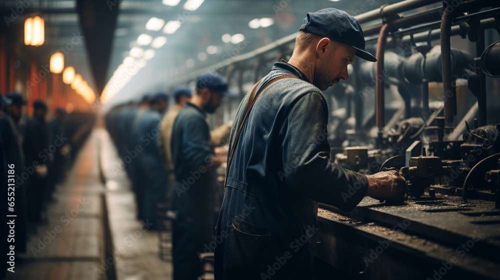 many workers in the workshop stand in a row at a long table and work while standing in overalls