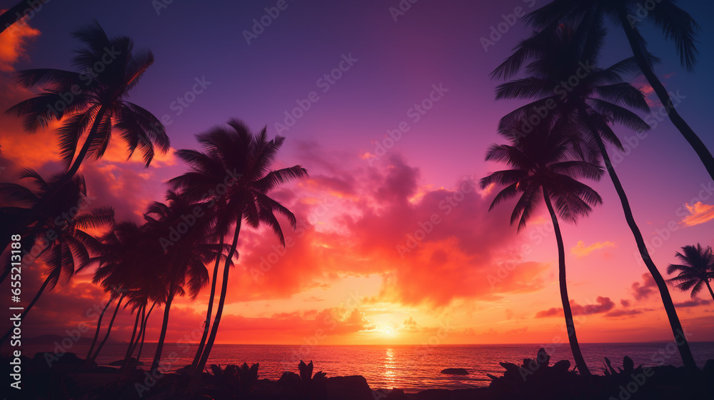 beautiful sunset on the sea with silhouettes of palm trees and a purple-pink tint of the sky