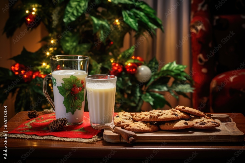 christmas cookies and milk placed near a television