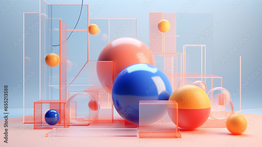 Professional 3D render isometric composition of simple plastic and glass objects on solid color background Professional 3D render isometric composition of simple plastic and glass objects on solid color background