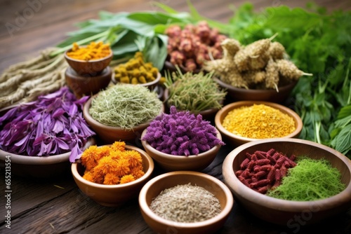 assortment of colorful medicinal herbs flat laid on a wooden table