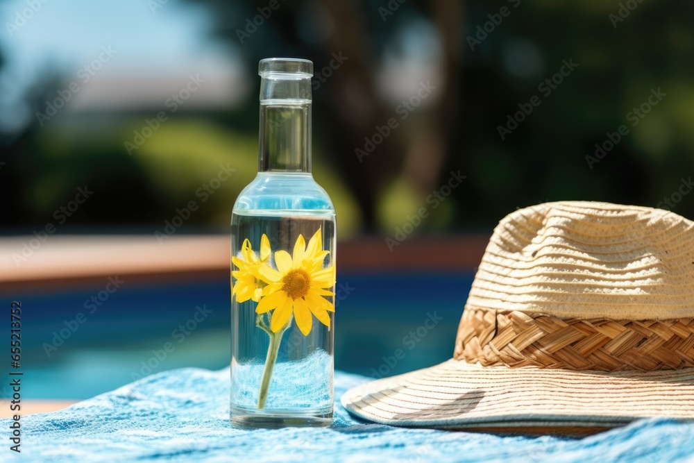 Obraz premium water-filled glass bottle placed beside a stylish sunhat
