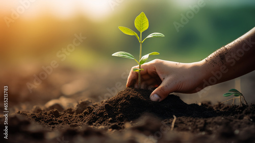 a human hand plants a green sprout in the brown earth