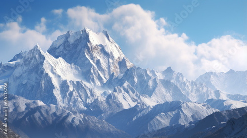A majestic mountain range, with snow-capped peaks in the background