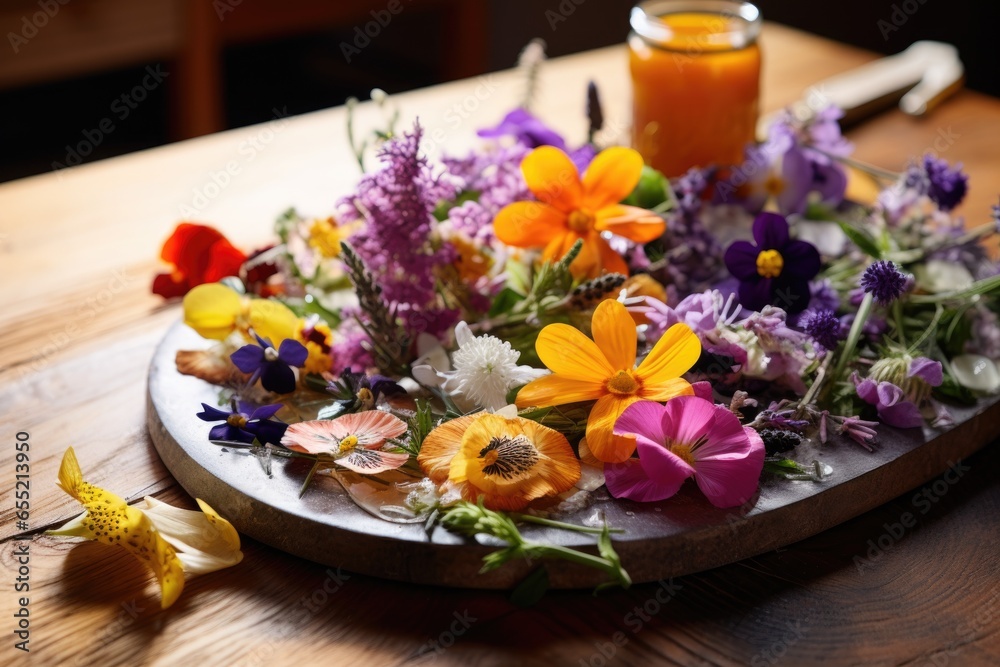 food platter decorated with edible flowers on wooden table