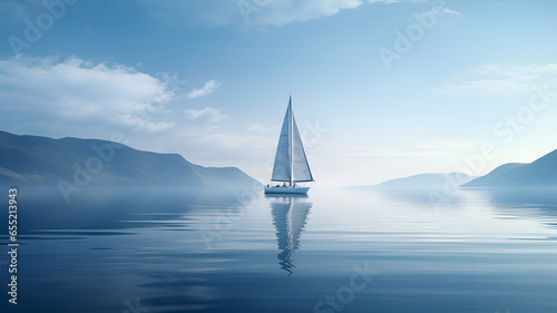 a beautiful boat with a big white sail in the open sea with fog and in the background you can see the land on a beautiful sunny day