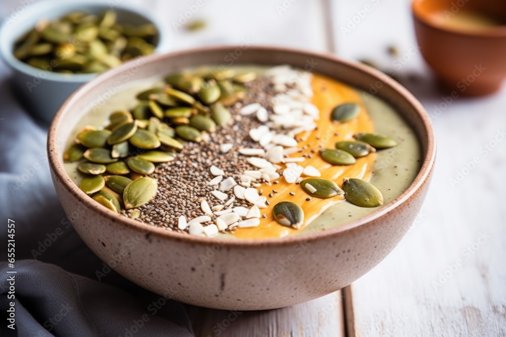 smoothie bowl decorated with sliced banana and pumpkin seeds smoothie bowl decorated with sliced banana and pumpkin seeds