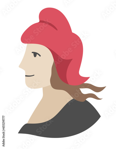 Vector Marianne icon. Traditional French symbol illustration. Female face profile. Woman head in red hat isolated on white background.. photo