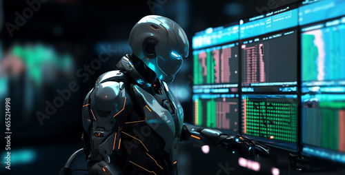 side profile of a futuristic tron robot operating computer