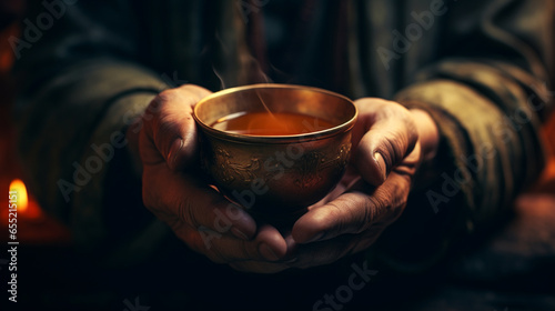 the hands of an old monk hold a golden cup of hot tea