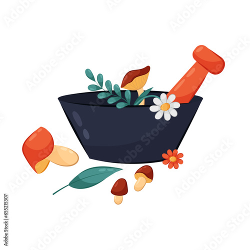 Mortar for spices and herbs with mushrooms and twigs on a white background. Preparation of medicinal tincture from dried mushrooms in flat style. Plate.