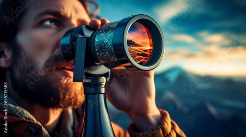 a man with a beard holding a small telescope looks with admiration at the incredible landscape that is reflected in the front lens of the telescope #655215583