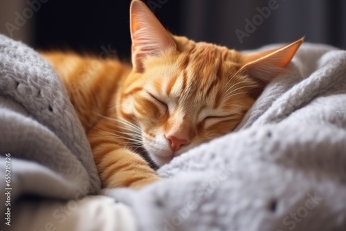 sleeping cat curled up on a soft blanket