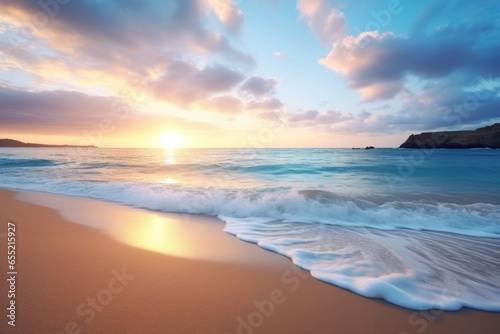 wide shot of tranquil beach at sunrise