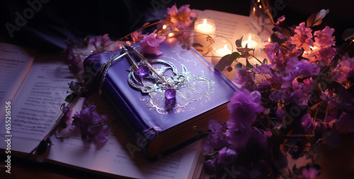 magic book with wand magic book with flower aesthetic purple book