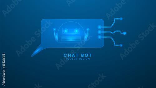 Chat bubble with electronic circuit board. Artificial Intelligence and Machine Technology Concept. Vector illustration with light effect and neon