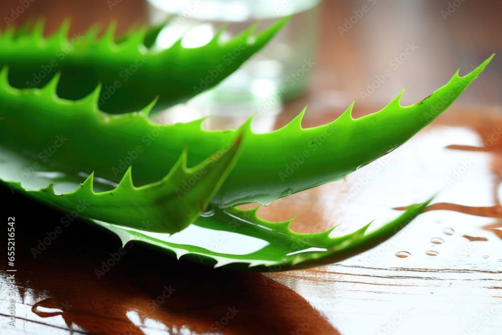 Naklejka premium aloe vera plant with cut open leaf