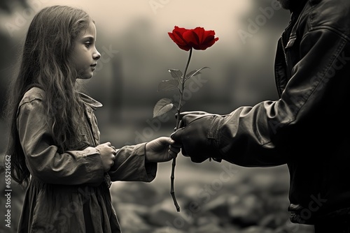 handing a flower to a soldier. grief and sadness. farewell, saying goodbye. peace concept. no more war.