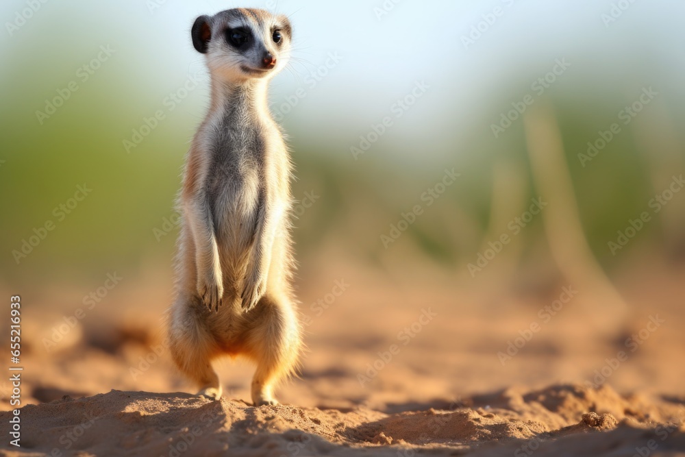 Fototapeta premium alert meerkat standing upright against sand background