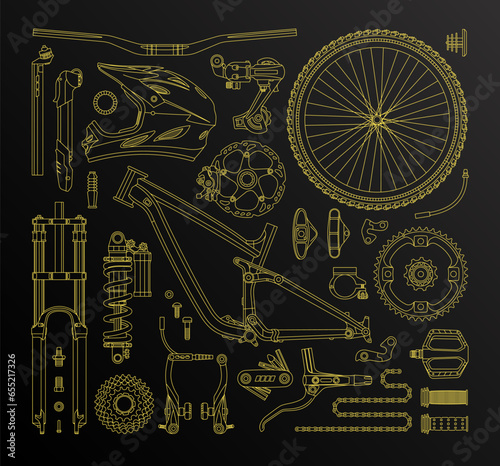 Isolated bicycle's parts. Vector linear elements