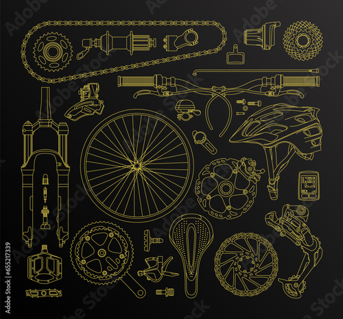 Isolated bicycle's parts. Vector linear elements