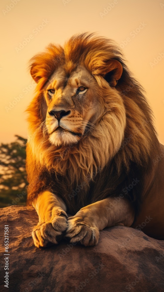 lion king sitting in the big rock king of the jungle