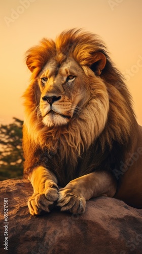 lion king sitting in the big rock king of the jungle