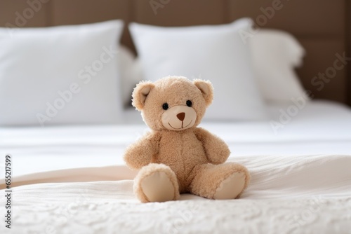 a soft plush teddy bear on an empty bed